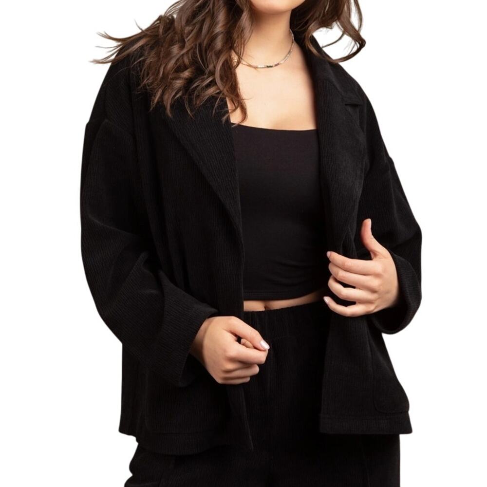 Very J Oversized Soft Knit Corduroy Blazer Jacket in Black, Size 2X